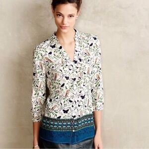 Anthropologie Maeve Owl Button Down Blouse with 3/4 Sleeves Size 2